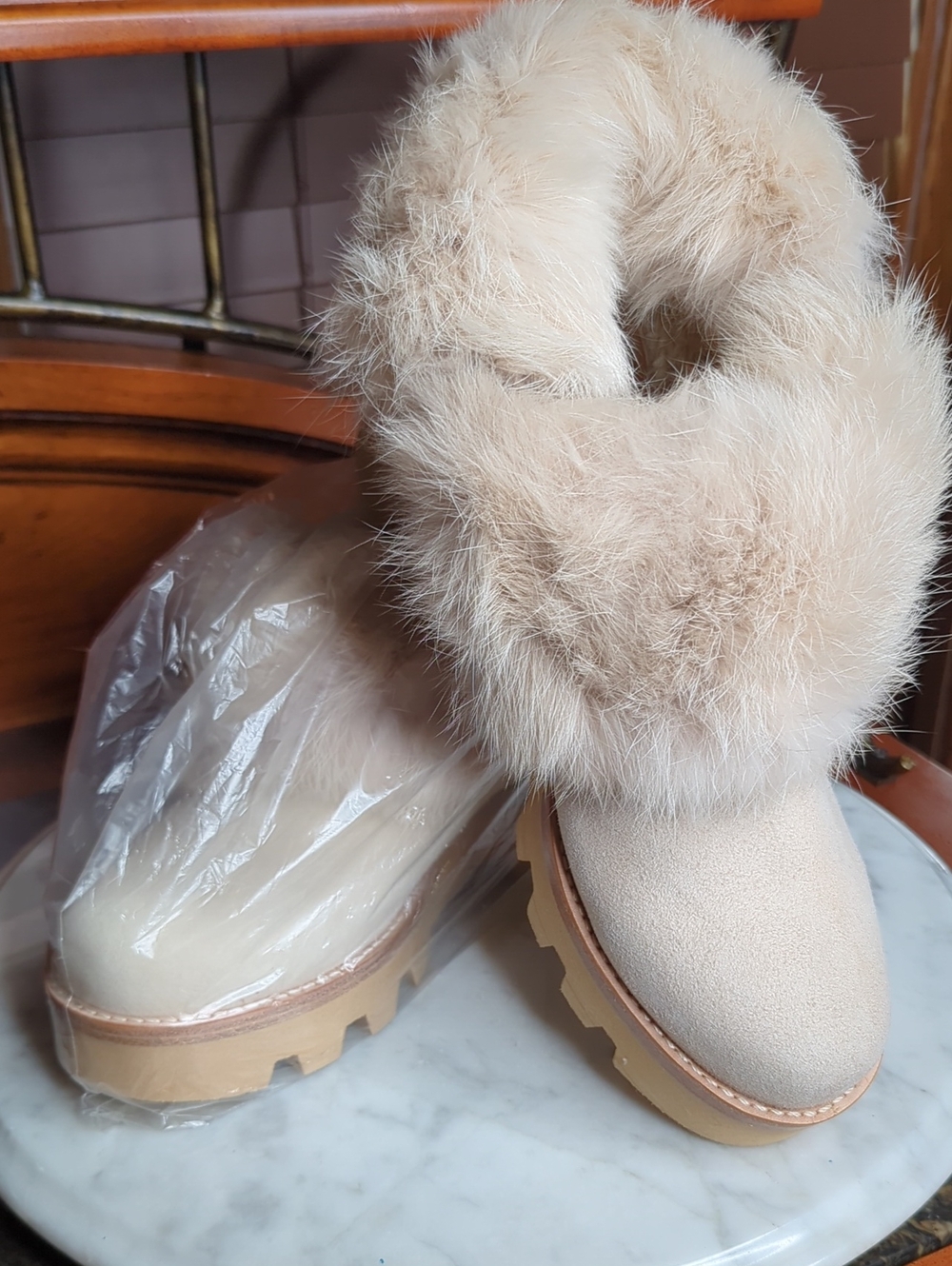 Rachel Zoe Cream Genuine Rabbit Fur Cuff Winter Boots